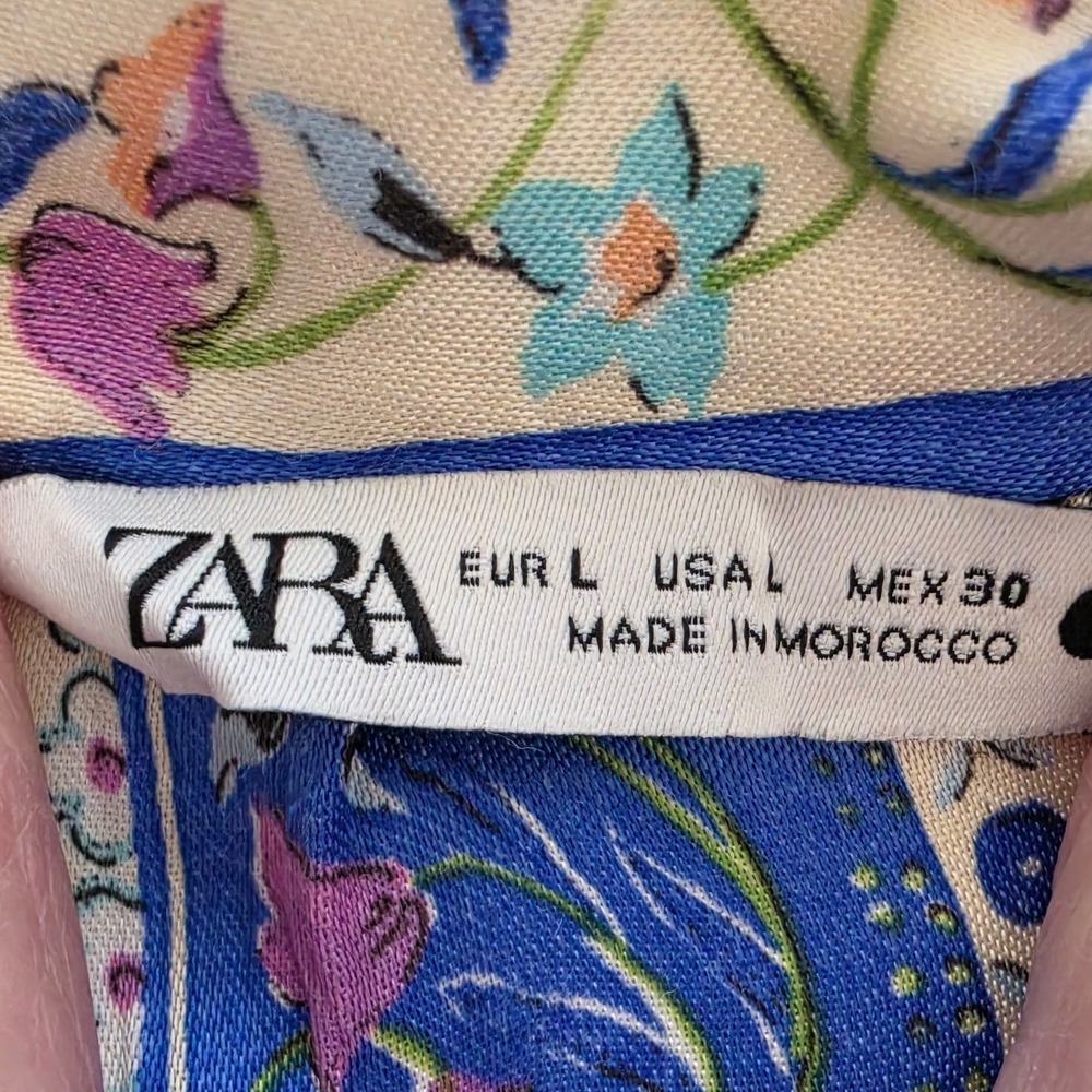 Zara Floral Paisley Print Satin Tie Waist Blouse Blue Yellow Large 3198/248 - Picture 2 of 9